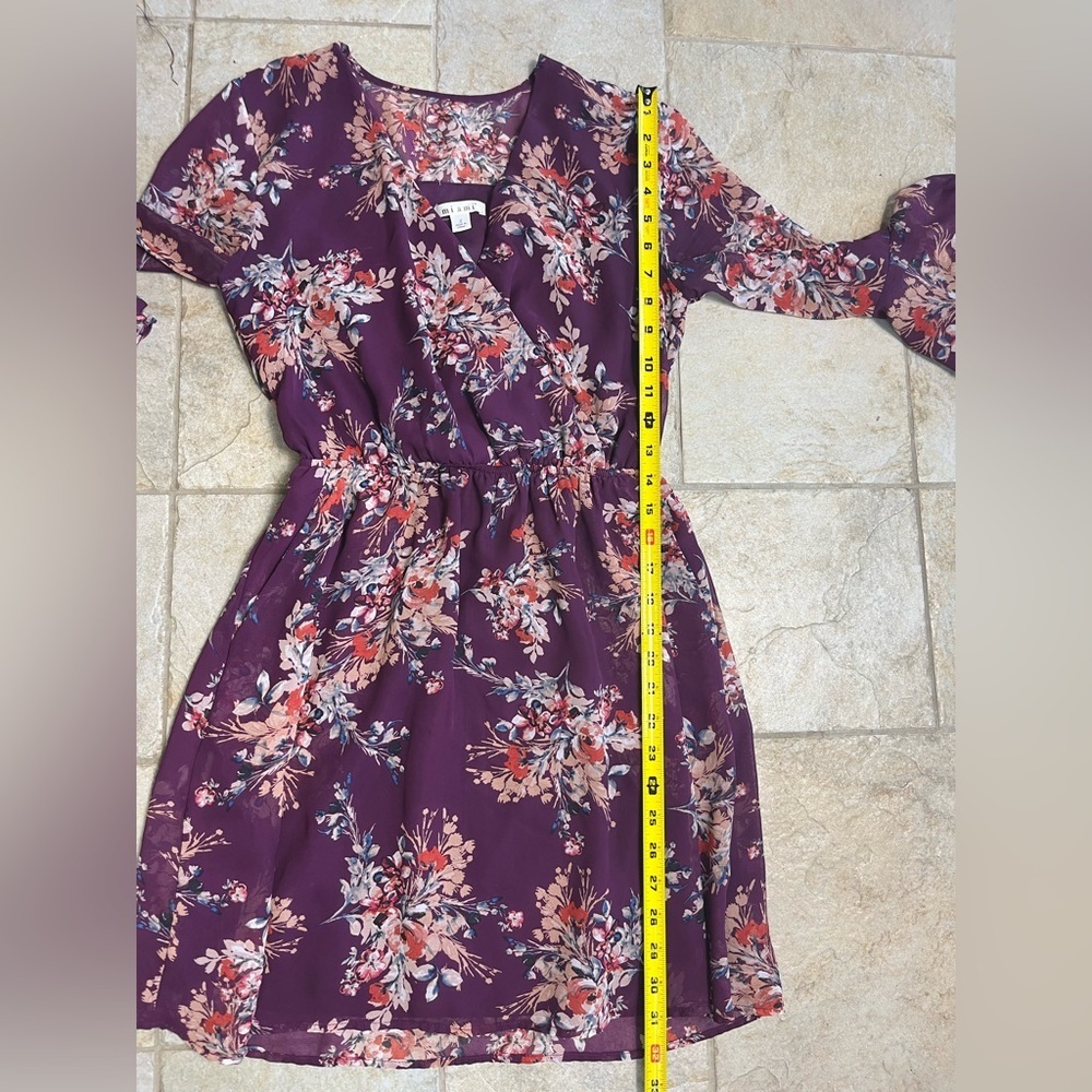 Miami Floral Mini Dress S Purple Bell Sleeve Pockets Boho Fall Wedding Fairycore - Picture 11 of 13